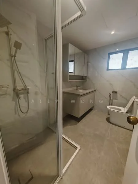 Bathroom features: walk-in shower with glass enclosure, chrome handheld shower, marble wall cladding, grey tile flooring, single-sink vanity with cabinet, mirror above vanity, toilet, window for natural light, recessed downlights; style: modern.