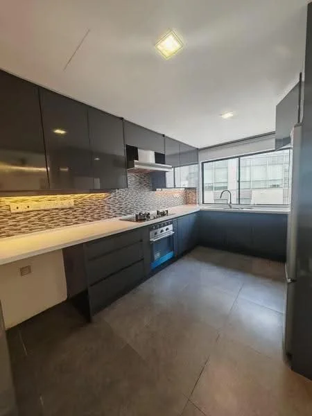 Kitchen features: dark grey cabinetry, white countertop, stainless-steel gas hob, built-in oven, stainless-steel range hood, mosaic tile backsplash, single-bowl stainless-steel sink, chrome pull-down faucet, large window providing natural light, grey tile flooring, under-cabinet lighting; style: modern; view: city.