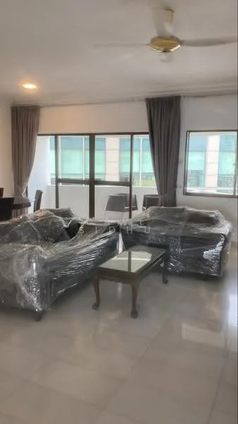 Living features: 3-seater fabric sofa wrapped in plastic, 2-seater fabric sofa wrapped in plastic, glass coffee table, floor-to-ceiling windows, grey curtains, ceiling fan, marble flooring, neutral wall color; style: modern; view: city.