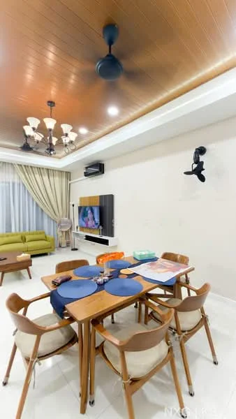 Living features: wooden ceiling with recessed lighting, 5-blade ceiling fan in black, chandelier with multiple bulbs, cream painted walls, white tiled flooring, floor-to-ceiling windows with sheer curtains, green fabric sofa, wooden dining table with blue placemats, 4 wooden dining chairs with cushions, wall-mounted TV, decorative wall art, air conditioning unit; style: modern.