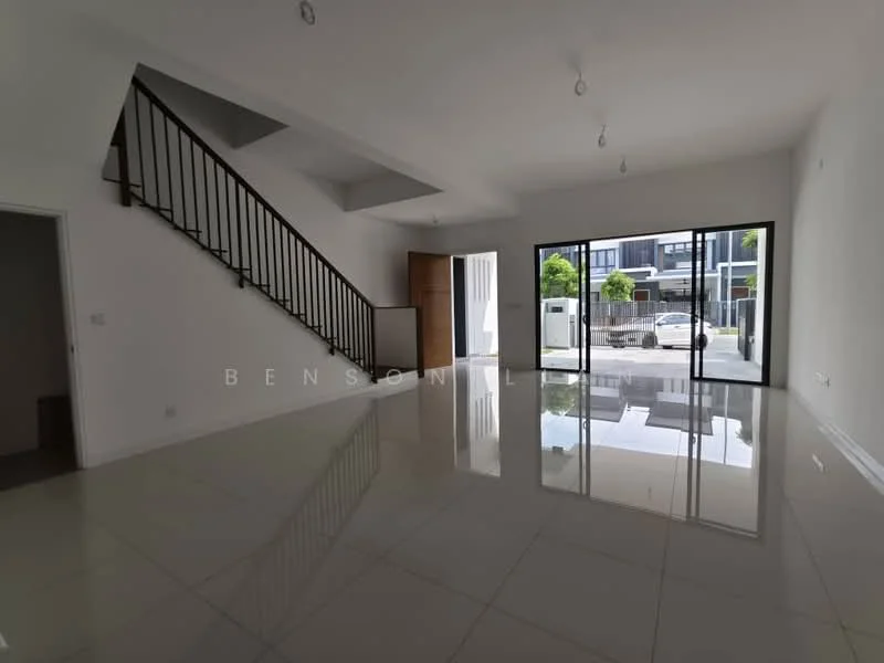Living features: white painted walls, glossy ceramic tile flooring, large floor-to-ceiling windows, sliding glass door, staircase with wooden railing, recessed downlights, open layout, natural light from windows; style: modern; view: garden.