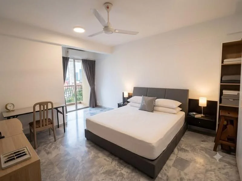 Bedroom features: king-size bed, upholstered headboard, 2 bedside lamps, wooden study desk, wooden chair, floor-to-ceiling windows, curtains, marble flooring, ceiling fan with light, built-in wardrobe; style: modern; view: city.