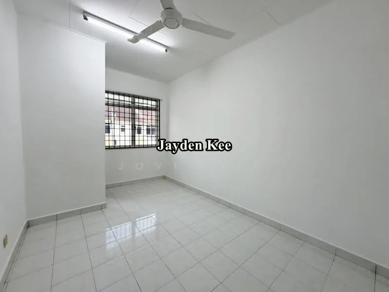 Room features: white painted walls, white ceiling, tile flooring, 1 ceiling fan, window with security grille, natural light from window.