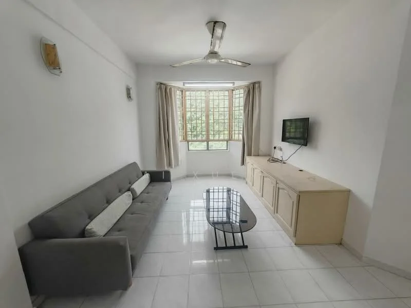 Living features: 3-seater fabric sofa in grey, glass coffee table with metal base, wall-mounted TV, TV console in light wood, floor-to-ceiling windows, curtains in beige, white painted walls, white tiled flooring, ceiling fan with light; style: modern; view: garden.