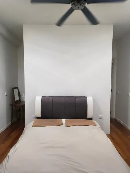 Bedroom features: queen-size bed, upholstered headboard, wooden flooring, white painted walls, ceiling fan, bedside tables, decorative wall, doorway, mirror on table; style: modern.