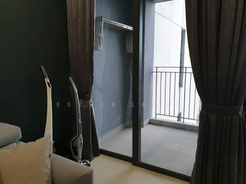 Room features: grey accent wall, floor-to-ceiling windows, sliding glass door, curtains, tile flooring, balcony, vacuum cleaner, sofa; style: modern.