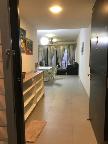 Living features: grey fabric sofa, white dining table, 4 white dining chairs, floor-to-ceiling windows with sheer curtains, recessed ceiling lights, light grey tiled flooring, white painted walls, decorative artwork on walls; style: modern. Room features: white shelving unit, entrance door, light fixture.