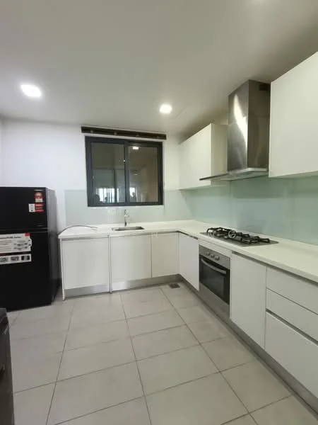 Kitchen features: white cabinetry, stainless-steel gas hob, built-in oven, stainless-steel range hood, single-bowl stainless-steel sink, chrome pull-down faucet, white quartz countertop, glass backsplash, tile flooring, refrigerator, window with black frame, LED recessed lighting; style: modern.