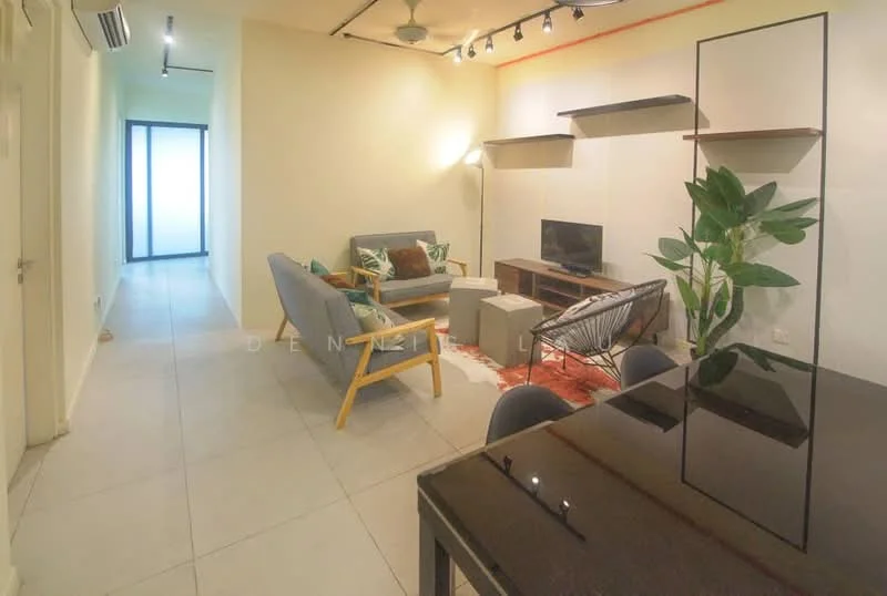 Living features: grey fabric sofa, blue armchair, wooden coffee table, wall-mounted TV, black TV console, area rug with geometric pattern, floor lamp, shelves on wall, indoor plant, recessed downlights, large window with natural light, light-colored walls, tile flooring; style: modern. Room features: tile flooring, light-colored walls, doorway leading to another room.