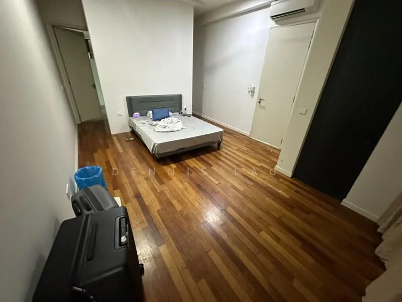 Bedroom features: wooden flooring, white painted walls, 1 wall-mounted split AC, queen-size bed without bedding, bedside table, black suitcase, blue trash bin, door to hallway, window with curtain, light switch, neutral color scheme; style: modern.