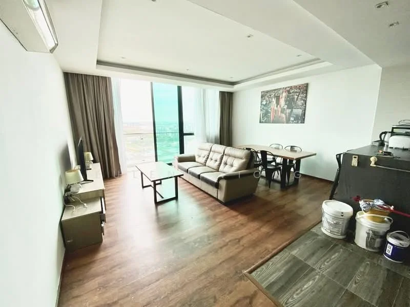 Living features: laminate wood flooring, white painted walls, floor-to-ceiling windows, grey fabric 3-seater sofa, coffee table, dining table with 4 chairs, TV console, wall-mounted TV, decorative artwork on wall, curtains, air conditioning unit; style: modern; view: city.
