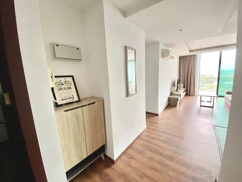 Room features: white painted walls, wooden flooring, ceiling-mounted air conditioning unit, full-height windows, mirror on wall, decorative wall art, wooden cabinet, natural light from windows; style: modern; view: city.