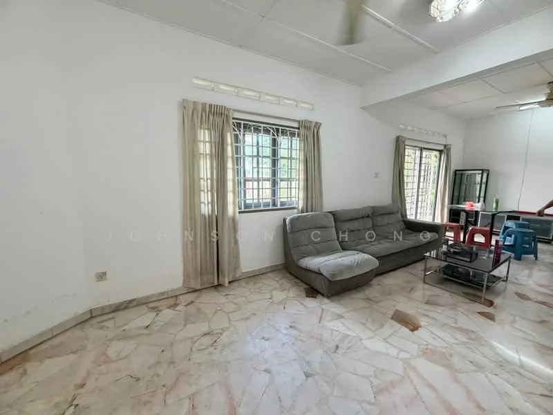 Living features: grey fabric sofa, coffee table with glass top, marble flooring, white painted walls, window with metal grille, curtains, ceiling fan, wall-mounted mirror.