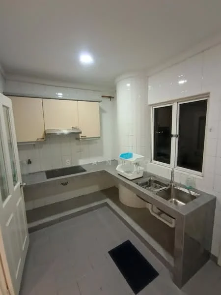 Kitchen features: white tiled walls, grey tiled flooring, light wood cabinetry, stainless-steel sink, chrome pull-down faucet, built-in stove, window with white frame, countertop with integrated sink, dish rack, kitchen island, under-cabinet lighting; style: modern.