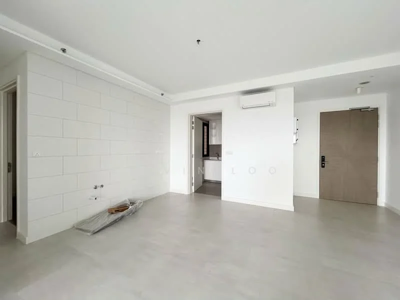 Room features: white painted walls, light grey tile flooring, recessed downlights, wall-mounted split AC, door with modern handle, open layout, no visible furniture, large window, corner of kitchen visible; style: modern.