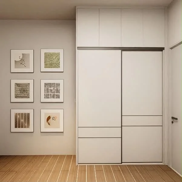 Room features: sliding wardrobe with white finish, wooden flooring, light grey painted walls, framed artwork on walls, minimalist design, recessed ceiling lights; style: modern.