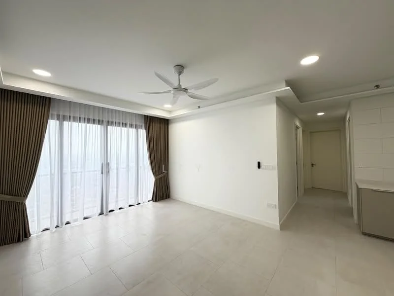 Living features: floor-to-ceiling windows, sheer curtains, 5-blade ceiling fan with light, white painted walls, recessed downlights, light-colored tile flooring, open layout, access to balcony, neutral color scheme; style: modern; view: city. Room features: white painted walls, light-colored tile flooring, doorway leading to hallway.