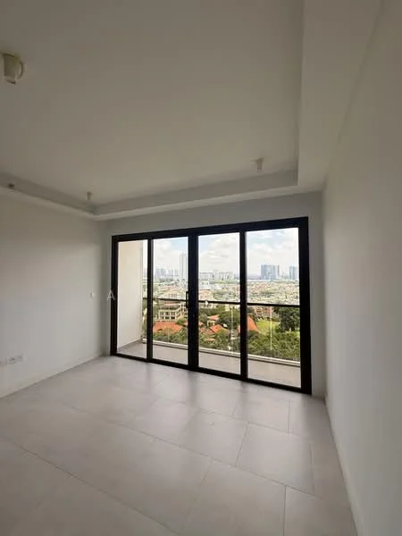 Room features: large floor-to-ceiling sliding glass doors, white painted walls, neutral tile flooring, city skyline view, recessed ceiling lights, open layout, no visible furniture, natural light from windows; style: modern; view: city.