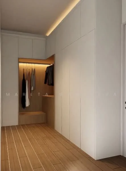 Room features: built-in cabinetry with white finish, wooden flooring, recessed lighting, open closet area with hanging space, neutral wall color, minimalist design, seating area with wooden bench; style: modern.