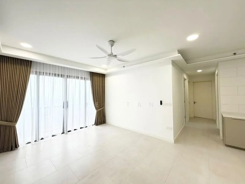 Living features: white painted walls, light-colored tile flooring, 5-blade ceiling fan with light, floor-to-ceiling windows, sheer curtains, recessed downlights, sliding glass door, neutral color scheme, open layout, access to balcony, decorative wall paneling; style: modern; view: city.