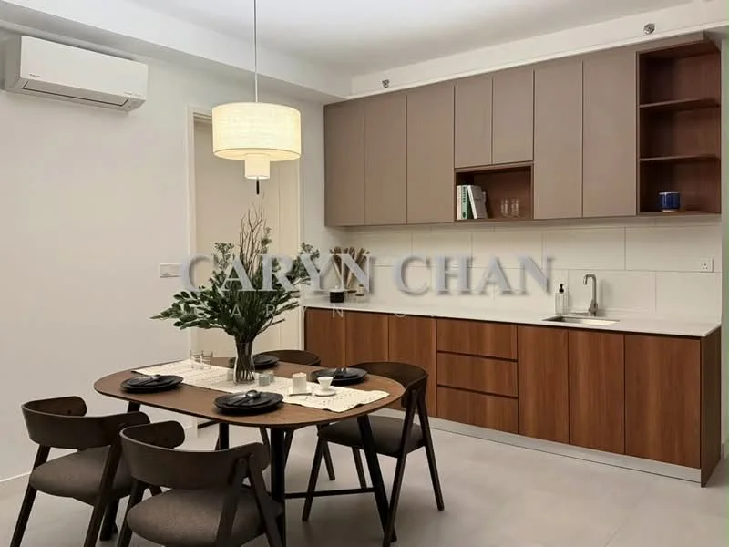 Kitchen features: brown wooden cabinetry, white countertop, stainless-steel sink, chrome pull-down faucet, built-in wall cabinet, open shelving, dining table with 4 chairs, pendant light, wall-mounted split AC, grey tiled flooring; style: modern.