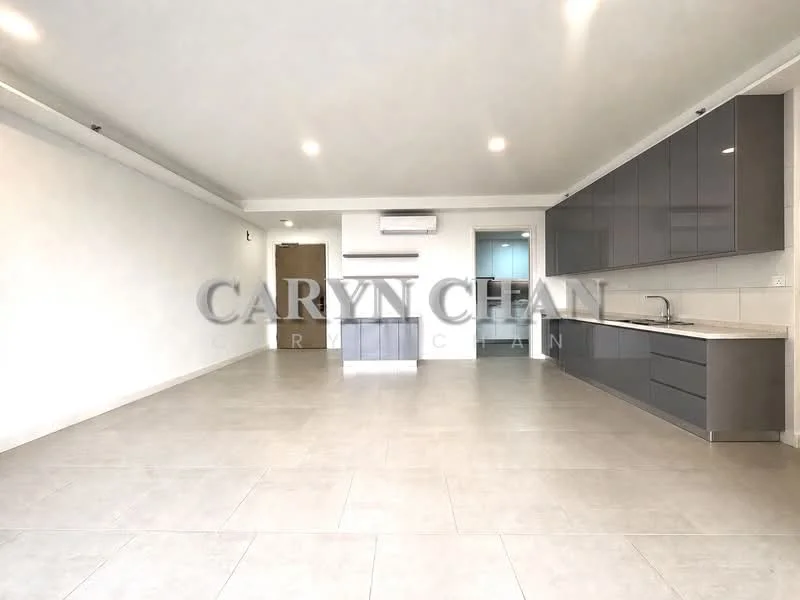 Living features: light grey tiled flooring, white painted walls, recessed downlights, wall-mounted split AC, open kitchen layout, grey flat-panel cabinetry, white countertop, kitchen island, no visible appliances, large open space, neutral color palette, floor-to-ceiling windows, sliding glass door to balcony; style: modern.