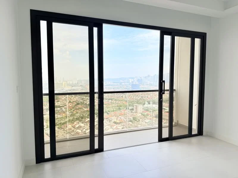Room features: floor-to-ceiling sliding glass door, black frame, white walls, light grey tile flooring, city skyline view, balcony access; style: modern; view: city.