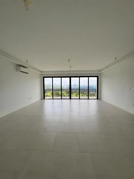 Living features: large floor-to-ceiling windows, white painted walls, light-colored tile flooring, recessed ceiling lights, 1 wall-mounted split AC, open layout, views of greenery, no visible furniture; style: modern; view: garden.