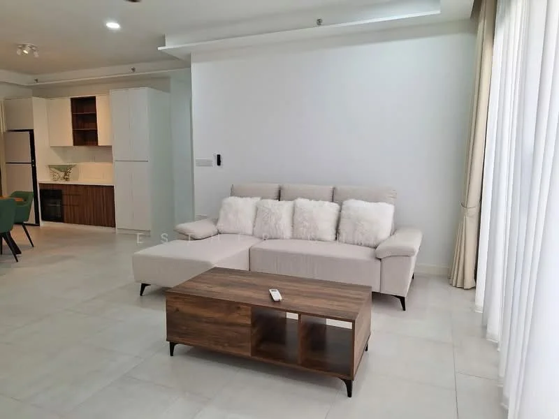 Living features: 3-seater fabric sofa in beige with decorative cushions, wooden coffee table, white painted walls, tile flooring, recessed downlights, floor-to-ceiling windows with sheer curtains, open layout to kitchen area, wall-mounted intercom panel; style: modern.