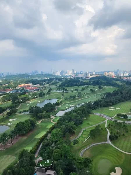 Exterior features: golf course, lush greenery, water features, city skyline in background, cloudy sky, manicured lawns, trees, hills, open spaces; style: contemporary.
