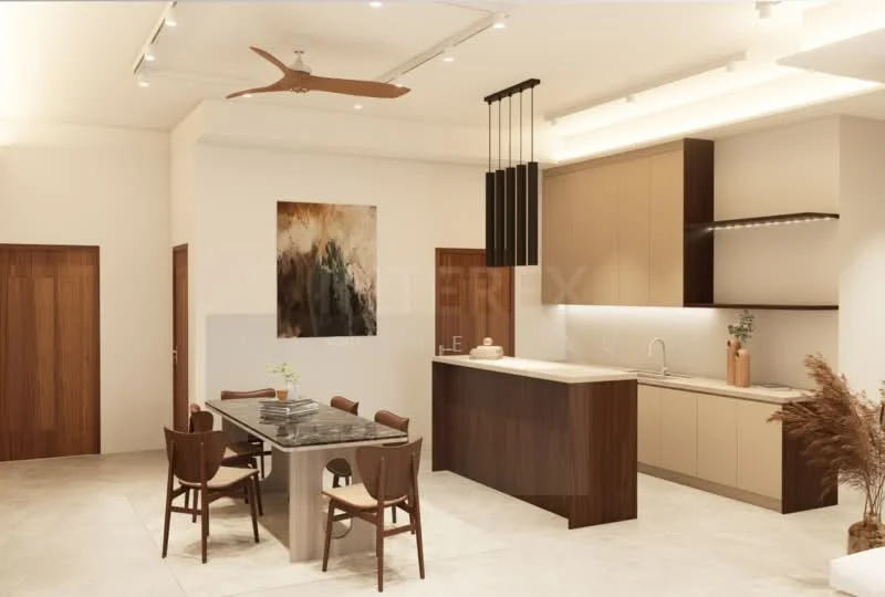 Dining features: 6-seater dining table, wooden dining chairs, pendant lighting above table, decorative centerpiece on table, cream walls, marble flooring, floor-to-ceiling windows, open-plan layout; style: modern. Kitchen features: kitchen island with bar seating, stainless-steel sink, chrome pull-down faucet, built-in oven, stainless-steel range hood, flat-panel cabinetry in light color, dark wood cabinetry, recessed downlights; style: modern.