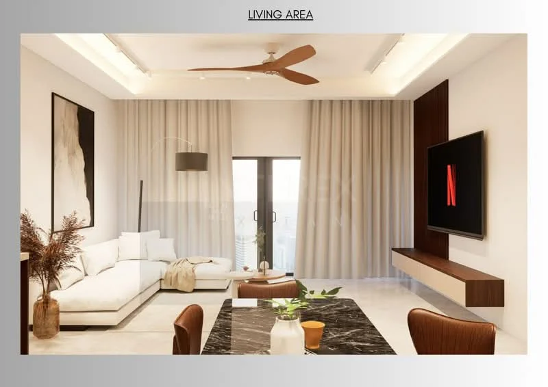 Living features: L-shape sectional sofa in white fabric, marble flooring, 5-blade ceiling fan with light, floor-to-ceiling windows, sheer curtains, wall-mounted TV, wooden TV console, decorative wall art, coffee table, decorative vase with plants, dining chairs, area rug; style: modern; view: city.