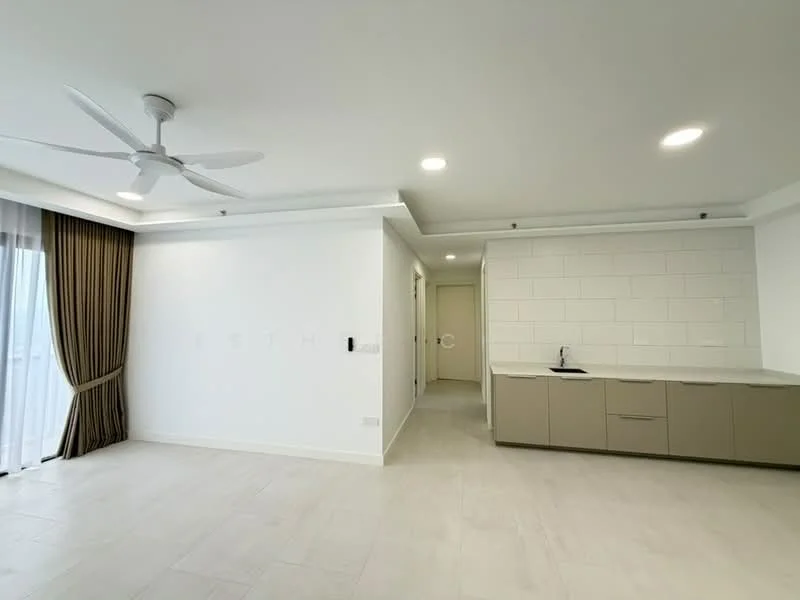 Living features: 5-blade ceiling fan with light, white painted walls, recessed downlights, large windows with sheer curtains, light-colored tile flooring, open layout to kitchen, wall-mounted intercom, neutral color scheme; style: modern. Kitchen features: laminate cabinetry in light beige, white tiled backsplash, single-bowl stainless-steel sink, chrome pull-down faucet, countertop with overhang for seating, built-in appliances, open layout to living area; style: modern.