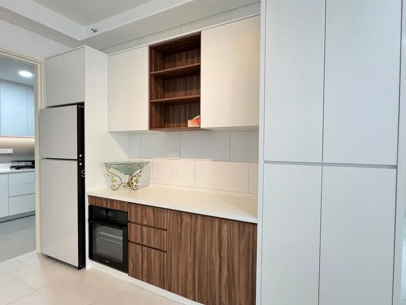 Kitchen features: white cabinetry with flat-panel design, wooden cabinetry with open shelving, white quartz countertop, built-in oven, stainless-steel fridge, tile backsplash, recessed lighting, grey tile flooring; style: modern.