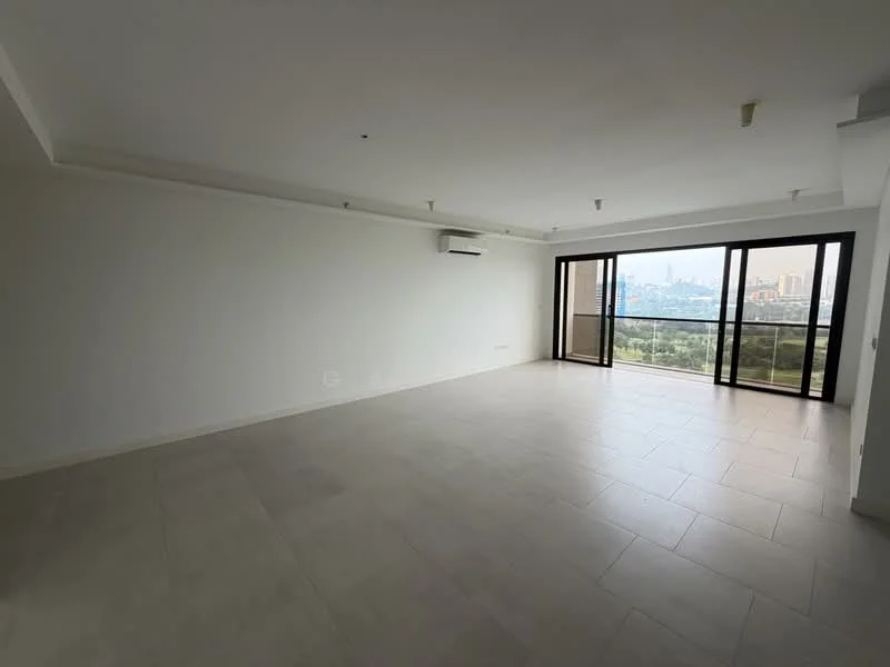 Living features: white painted walls, tile flooring, floor-to-ceiling windows, sliding glass door, city view, 1 wall-mounted split AC, recessed downlights, open layout; style: modern; view: city.