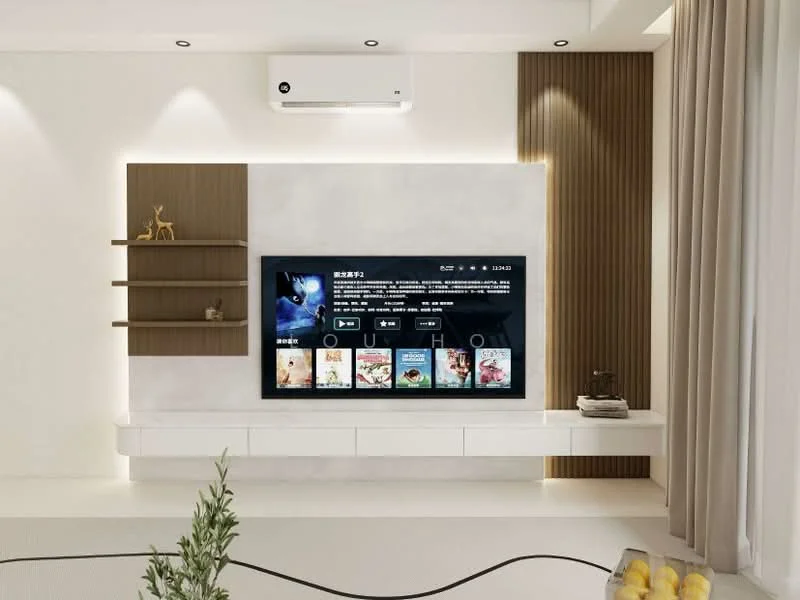 Living features: wall-mounted TV, white media console, wooden shelving unit, recessed lighting, wall-mounted split AC, decorative wall paneling, light-colored walls, curtains, decorative plant, neutral flooring; style: modern.