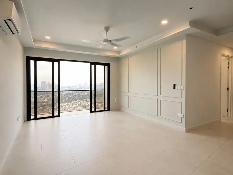 Living features: large floor-to-ceiling windows, sliding glass door, white painted walls, tray ceiling, recessed downlights, 5-blade ceiling fan, light-colored tile flooring, decorative wall paneling, air conditioning unit, city skyline view; style: modern; view: city.