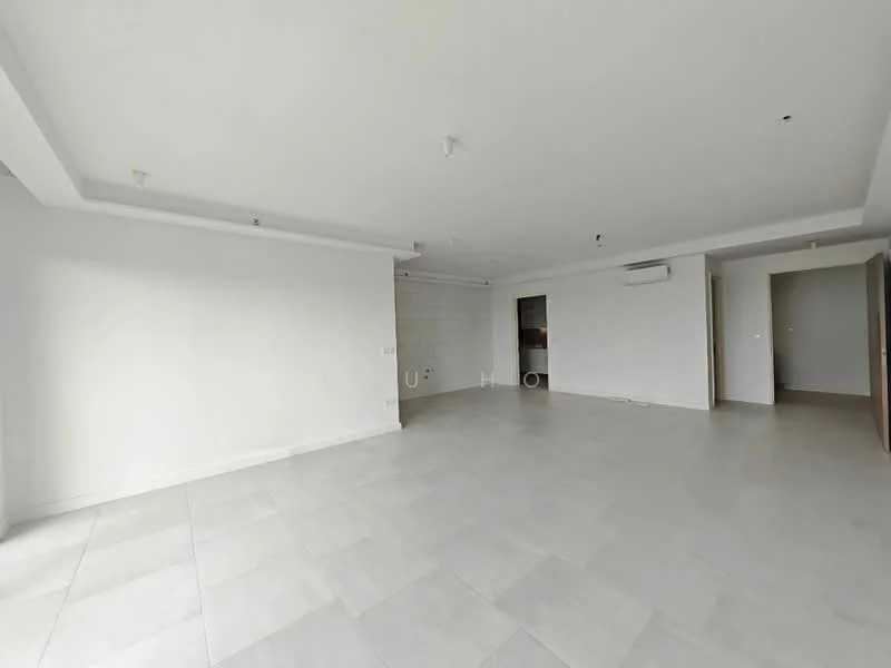 Room features: white painted walls, light grey tile flooring, recessed downlights, 1 wall-mounted split AC, open layout, no visible furniture, neutral color scheme, large open space; style: modern.