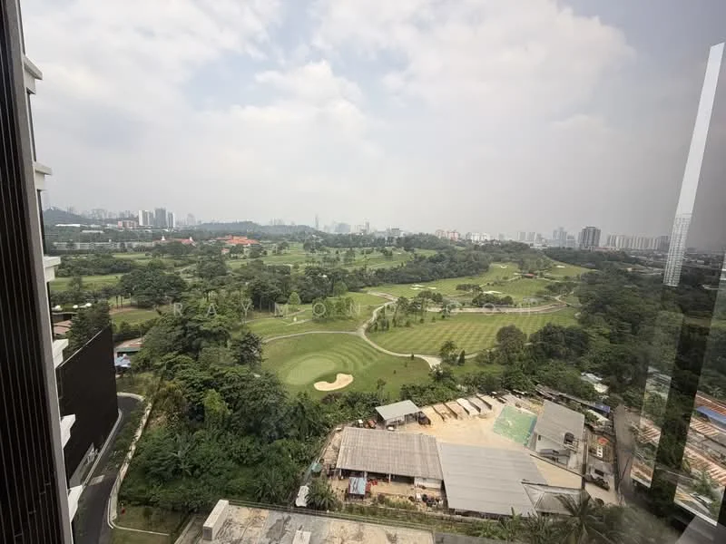Exterior type: high-rise condominium; features: view of golf course, city skyline in background, lush greenery, open landscape, manicured lawns, surrounding residential buildings; style: modern.