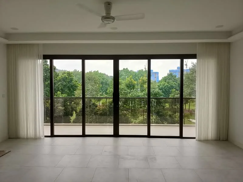 Living features: floor-to-ceiling windows, sliding glass door, sheer curtains, 5-blade ceiling fan, white painted walls, tile flooring, natural light from windows, view of greenery; style: modern; view: garden.