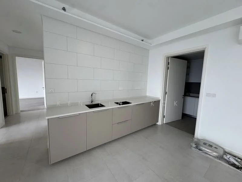 Kitchen features: white tiled backsplash, light grey cabinetry, double-bowl stainless-steel sink, chrome pull-down faucet, white countertop, built-in appliances, recessed downlights, open layout; style: modern. Room features: light grey flooring, white walls, doorway leading to another room.