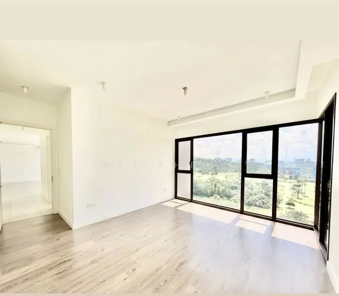 Living features: large floor-to-ceiling windows, white painted walls, light wood laminate flooring, recessed downlights, open layout, view of greenery, natural light, smooth ceiling; style: modern; view: garden.