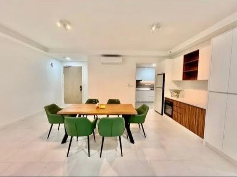 Dining features: rectangular wooden dining table, 6 green upholstered dining chairs, white painted walls, light-colored tile flooring, recessed downlights, air conditioning unit, open kitchen area visible, wood cabinetry, white cabinetry, kitchen countertop, kitchen appliances visible; style: modern.