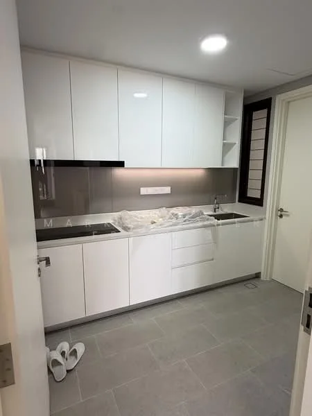 Kitchen features: white cabinetry, double-bowl stainless-steel sink, chrome pull-down faucet, grey backsplash, countertop with integrated lighting, built-in oven, stainless-steel range hood, ceramic tile flooring, recessed downlights, sliding window, open shelving; style: modern.
