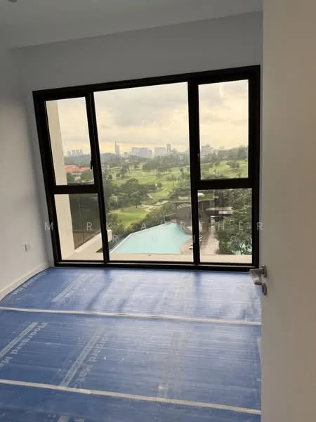 Room features: large floor-to-ceiling windows, unfurnished room, blue protective flooring, view of golf course, view of swimming pool, neutral wall color, natural light, open layout; style: modern; view: garden.
