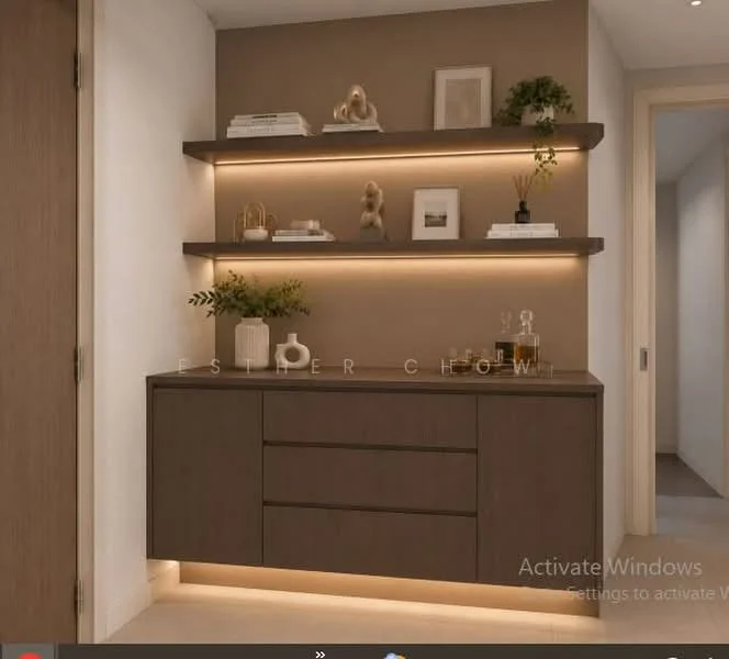 Room features: wooden cabinetry with drawers, floating shelves, LED strip lighting under shelves, decorative items on shelves, neutral wall color, laminate flooring, minimalist decor, wall-mounted artwork; style: modern.