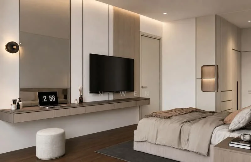 Bedroom features: king-size bed with beige bedding, upholstered headboard, wall-mounted TV, floating bedside table, decorative wall mirror, built-in wardrobe with sliding doors, wooden flooring, recessed ceiling lights, wall sconce, decorative clock, small round ottoman, neutral color palette; style: modern.