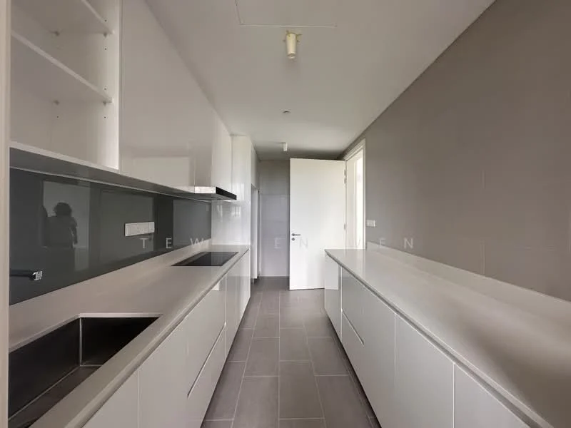 Kitchen features: white cabinetry, grey tiled flooring, white countertops, stainless-steel sink, built-in oven, glass backsplash, open shelving, wall-mounted cabinets, recessed lighting; style: modern.
