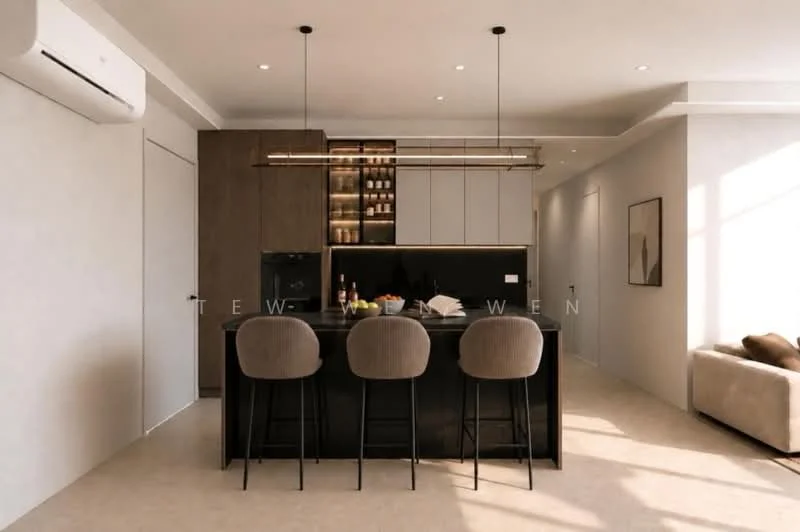 Kitchen features: black countertop, stainless-steel sink, chrome pull-down faucet, built-in oven, stainless-steel refrigerator, flat-panel grey cabinets, bar stools, pendant lighting, wall-mounted split AC, open shelving, neutral wall color, light-colored flooring; style: modern.