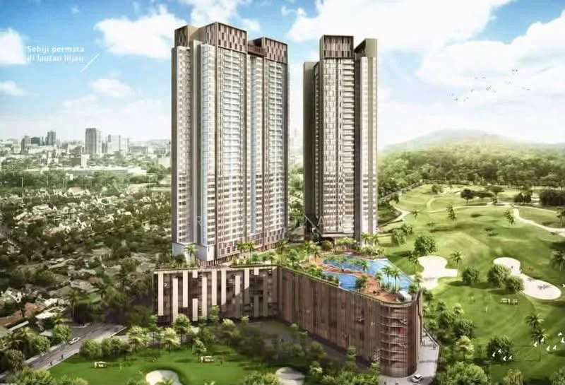 Exterior type: high-rise condominium; features: glass curtain wall, projecting balconies, infinity pool, landscaped garden, manicured lawn, surrounded by golf course, multiple storeys, urban skyline view, tropical landscaping; style: modern.